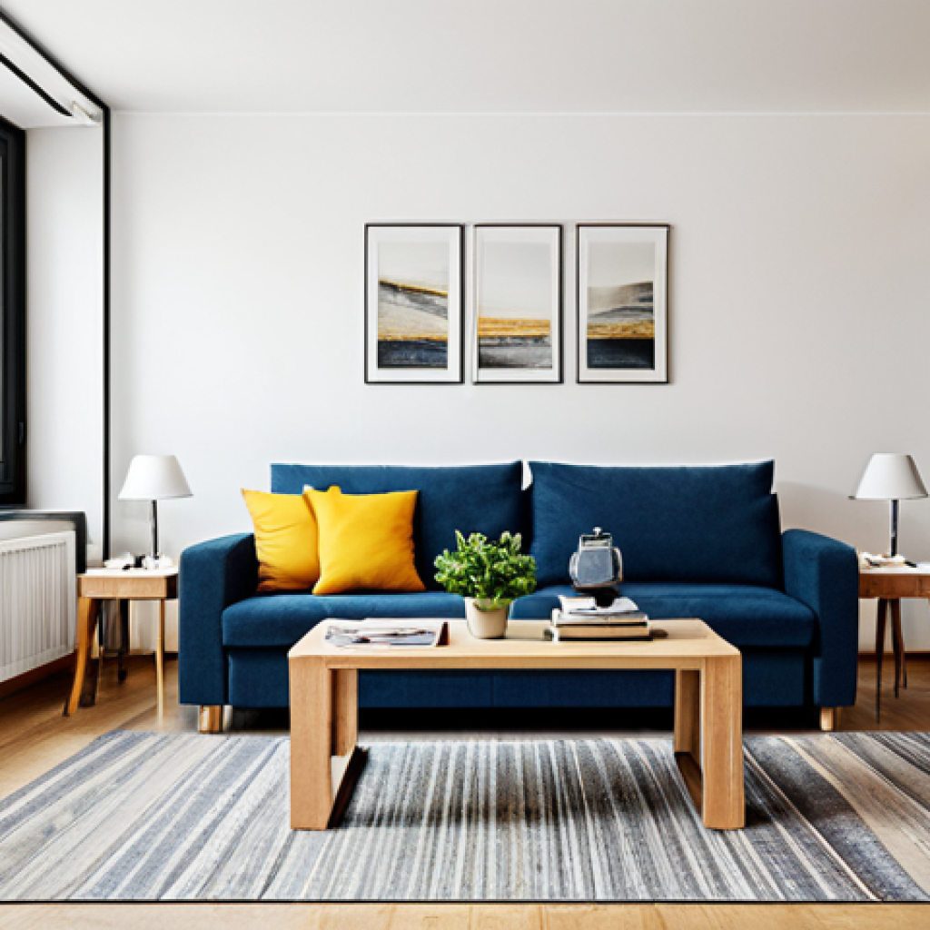 Multifunctional Living Room**
"A modern living room with a sofa bed fully extended, a folding table set up for dining, and a modular bookshelf filled with books and decorative items, fully clothed, appropriate attire, safe for work, perfect anatomy, natural proportions, professional interior photography, bright and airy, family-friendly, modest setting."
**