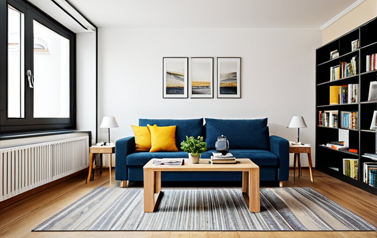 Multifunctional Living Room**

"A modern living room with a sofa bed fully extended, a folding table set up for dining, and a modular bookshelf filled with books and decorative items, fully clothed, appropriate attire, safe for work, perfect anatomy, natural proportions, professional interior photography, bright and airy, family-friendly, modest setting."

**
