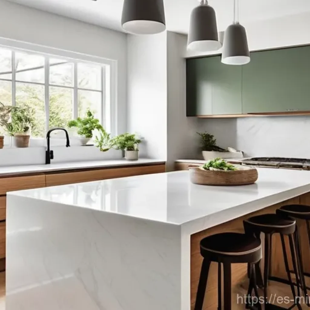 미니멀리즘을 위한 가전제품 선택 가이드 - **Prompt 1: Multifunctional Kitchen Hub**
"A brightly lit, modern minimalist kitchen with a seam...