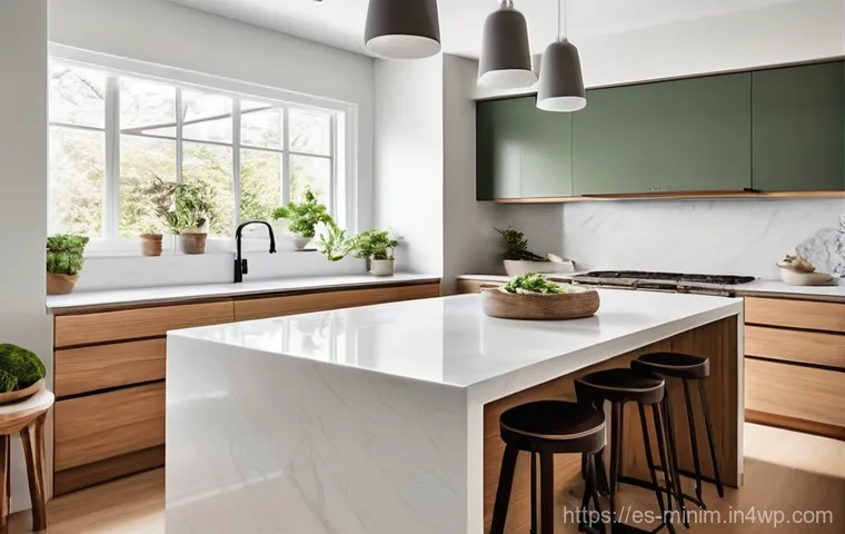 미니멀리즘을 위한 가전제품 선택 가이드 - **Prompt 1: Multifunctional Kitchen Hub**
    "A brightly lit, modern minimalist kitchen with a seam...