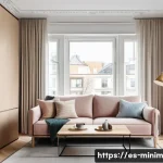 Home 21 미니멀한 공간에서의 효율적인 정리 비법 - A modern small apartment living room featuring multifunctional furniture: a sleek sofa bed with buil...