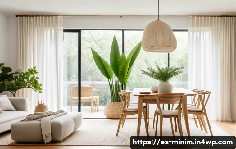 미니멀리즘의 원칙을 따른 인테리어 사례 - A bright, serene living room featuring warm white walls and soft natural light flooding through larg...