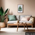 Home 19 미니멀한 공간에서의 소셜 라이프 유지 방법 - A cozy minimalist living room featuring light natural wood furniture and rattan accents, including a...