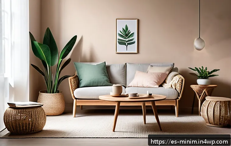 미니멀한 공간에서의 소셜 라이프 유지 방법 - A cozy minimalist living room featuring light natural wood furniture and rattan accents, including a...