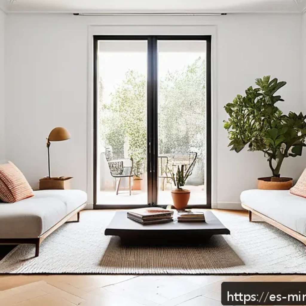 미니멀한 생활의 이점과 단점 비교 - A serene, sunlit minimalist living room in a modern Spanish apartment, featuring clean white walls, ...