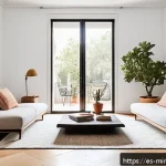 Home 18 미니멀한 생활의 이점과 단점 비교 - A serene, sunlit minimalist living room in a modern Spanish apartment, featuring clean white walls, ...