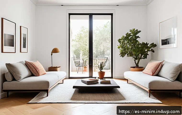미니멀한 생활의 이점과 단점 비교 - A serene, sunlit minimalist living room in a modern Spanish apartment, featuring clean white walls, ...