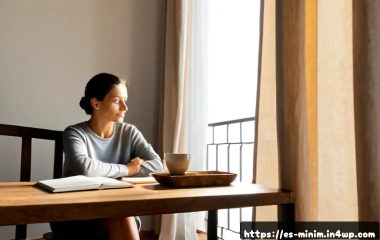 Home 17 미니멀한 생활의 철학적 고찰 - Photorealistic minimalist apartment in a sunlit Spanish coastal city, a thoughtful middle-aged woman...